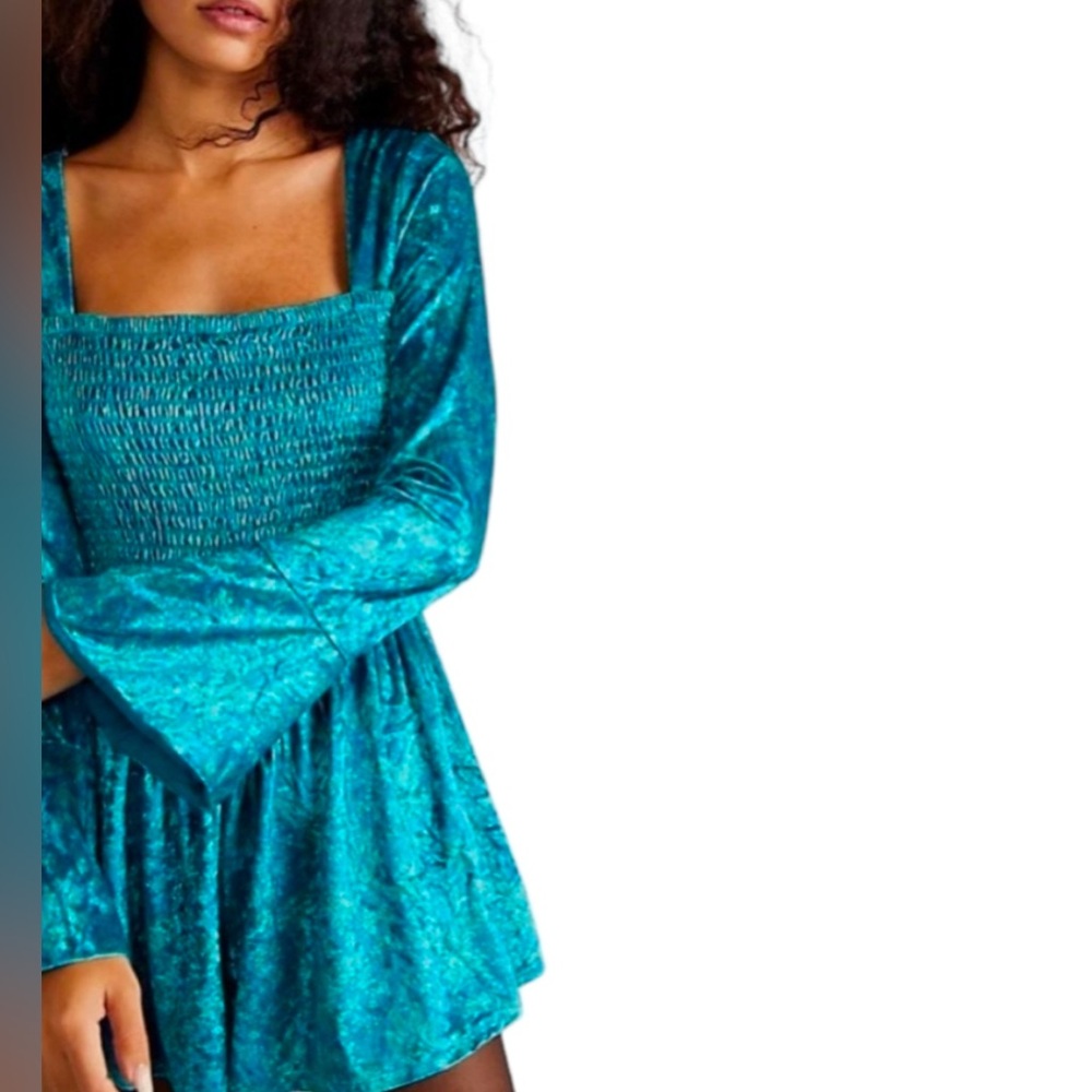 Free People Bali Tightrope Smocked Romper Open Back L/S Turquoise Blue Green XS